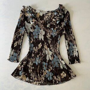 Alberto Makali Brown & Blue Floral Sheer Mini Long Sleeve Dress